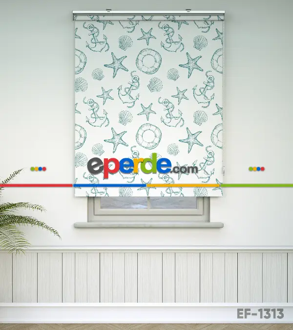 Denizci Desenli Baskılı Stor Perde- Yeşil-ekru