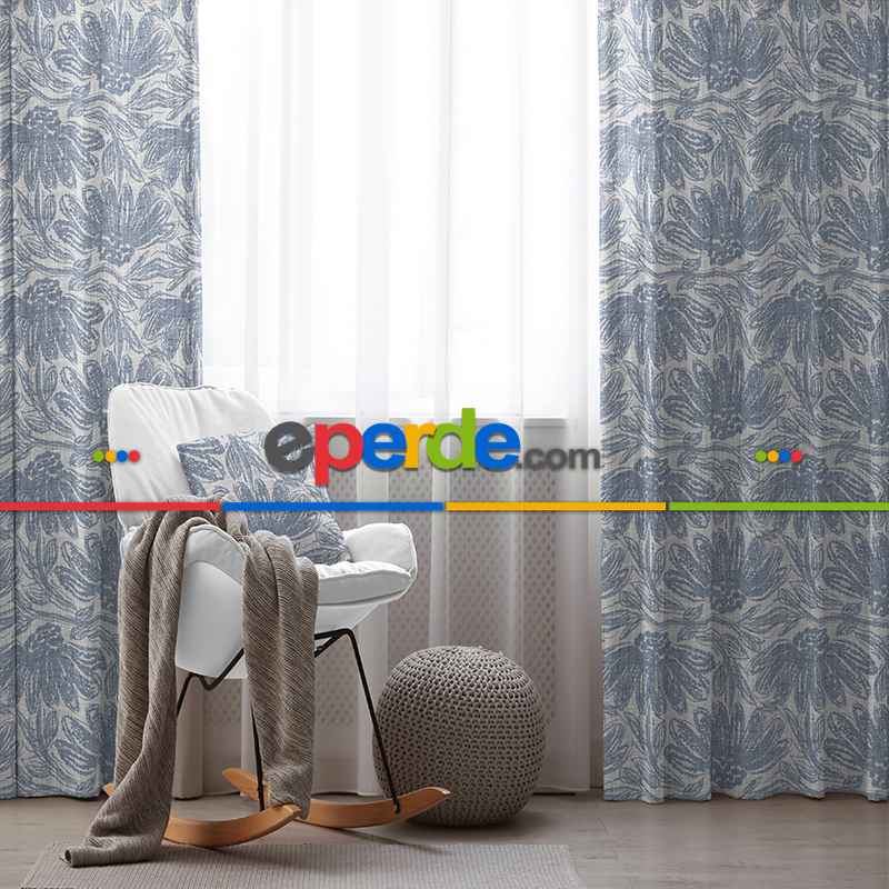 Salon Fon Perde Evim1607 Kumaşı Kalındır Duck Bezi Değildir- Mavi-beyaz