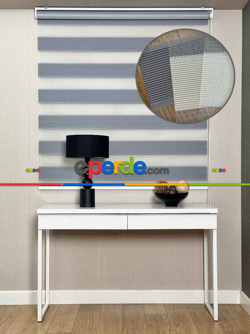 Salon Gri Mikro Sık Pliseli Zebra Perde, Standart Metal Kasalı Yüksek Kalite Kornişe Kolay Montaj Seçenekli