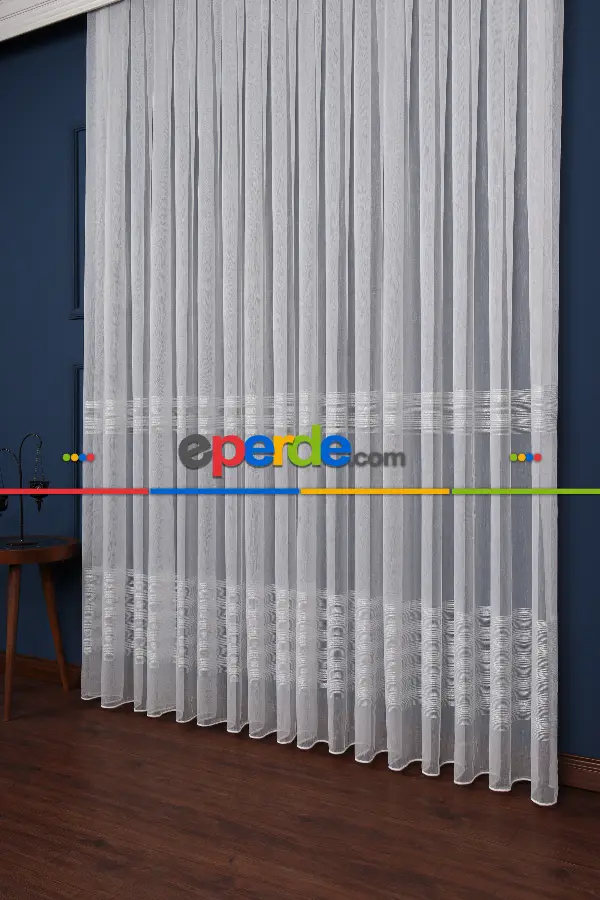 Enine Bantlı Simli Düz Tül Perde Ütü Istemez