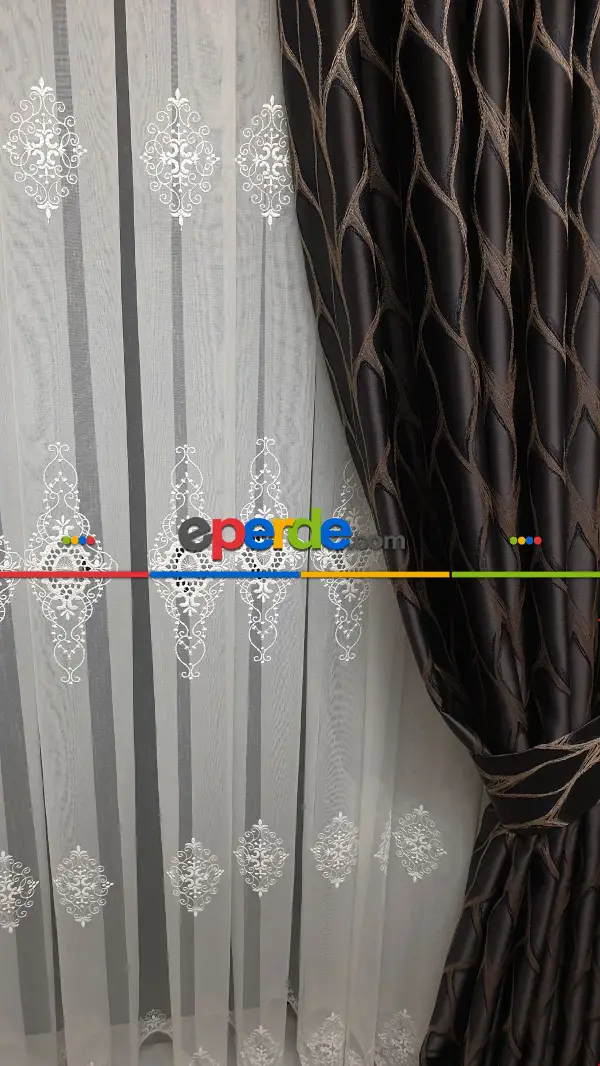 Trend Bohreli Tasarım Serpme Hadise Model İşlemeli Motif Nakış İşli Salon Tül Perdesi