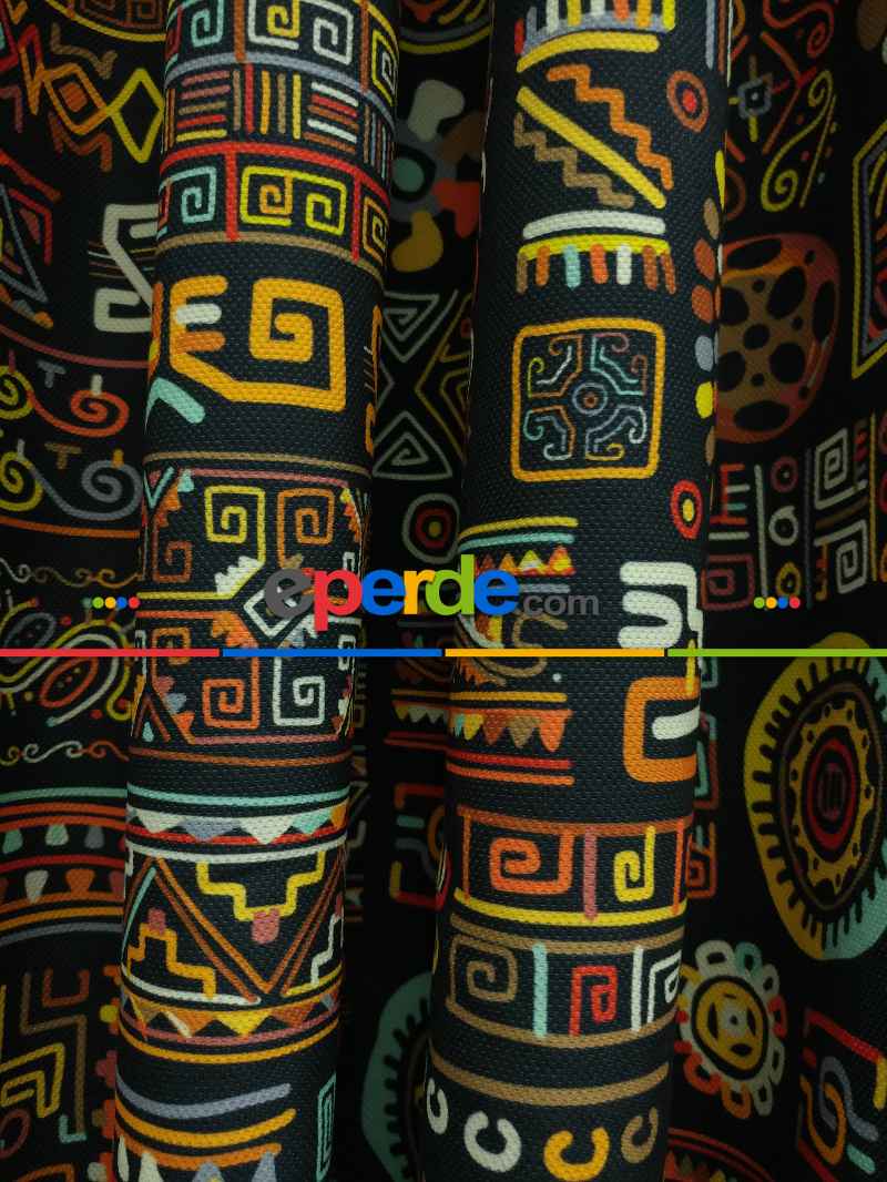 Etnik Desenli Fon Perde Evm273 _e - Kumaşı Kalındır Duck Bezi Değildir.- Siyah-Sarı-Antrasit