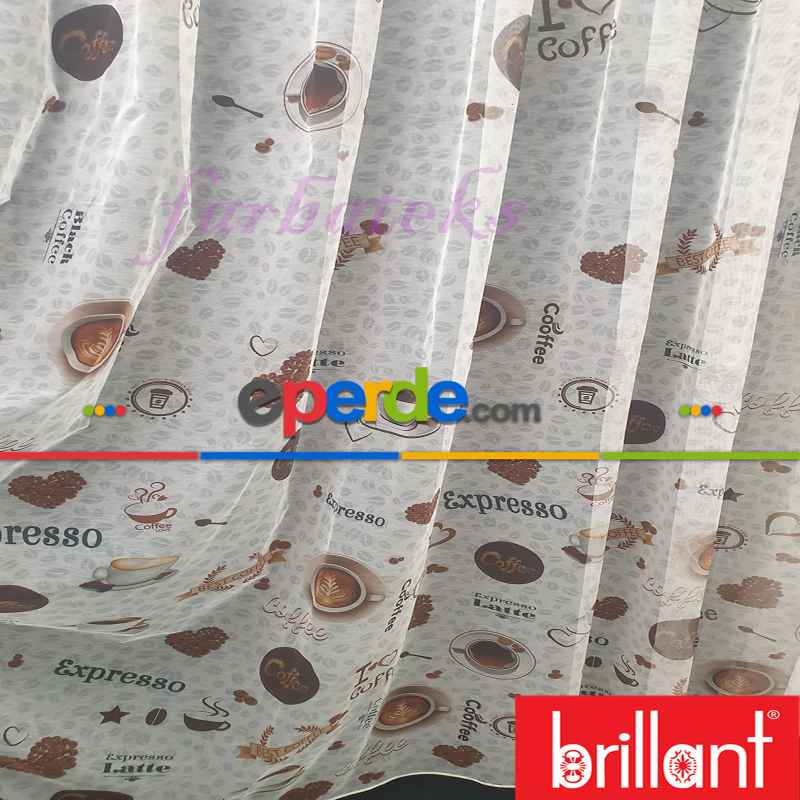 Mutfak Perdesi Kahve Fincan Desenli Tasarım Desen Model Kafe Tül Perdesi - Kurşunlu Tül