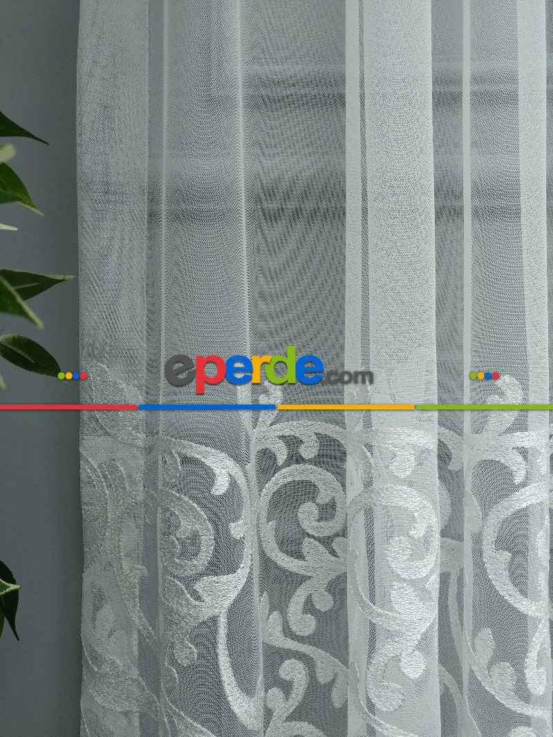 Eteği Duble Nakış İşlemeli Lüx Tül Perde Ikon 2021- Beyaz Buz Beyazı