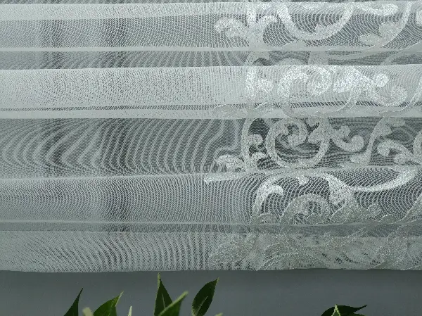 Salon Tül Perde - Eteği Duble Nakış İşlemeli Tül Perde Ikon 2021- Beyaz Buz Beyazı