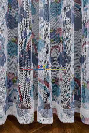 Hazır Ölçülü Petek Zemin Mavi Mor Renkli Bulut Ve Gökkuşağı Desenli Grek Baskılı Tül Perde