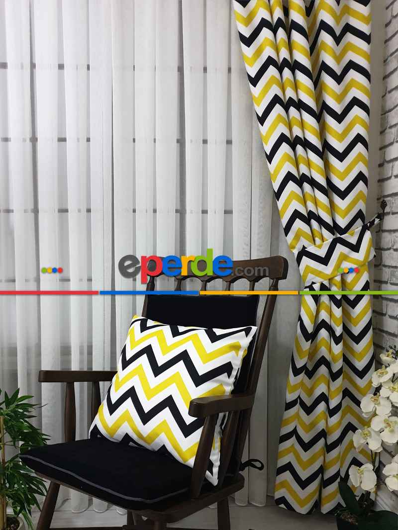 Siyah-Sarı Modern Mutfak Perdesi Kanat Fon Perde Zikzak Desenli- Siyah