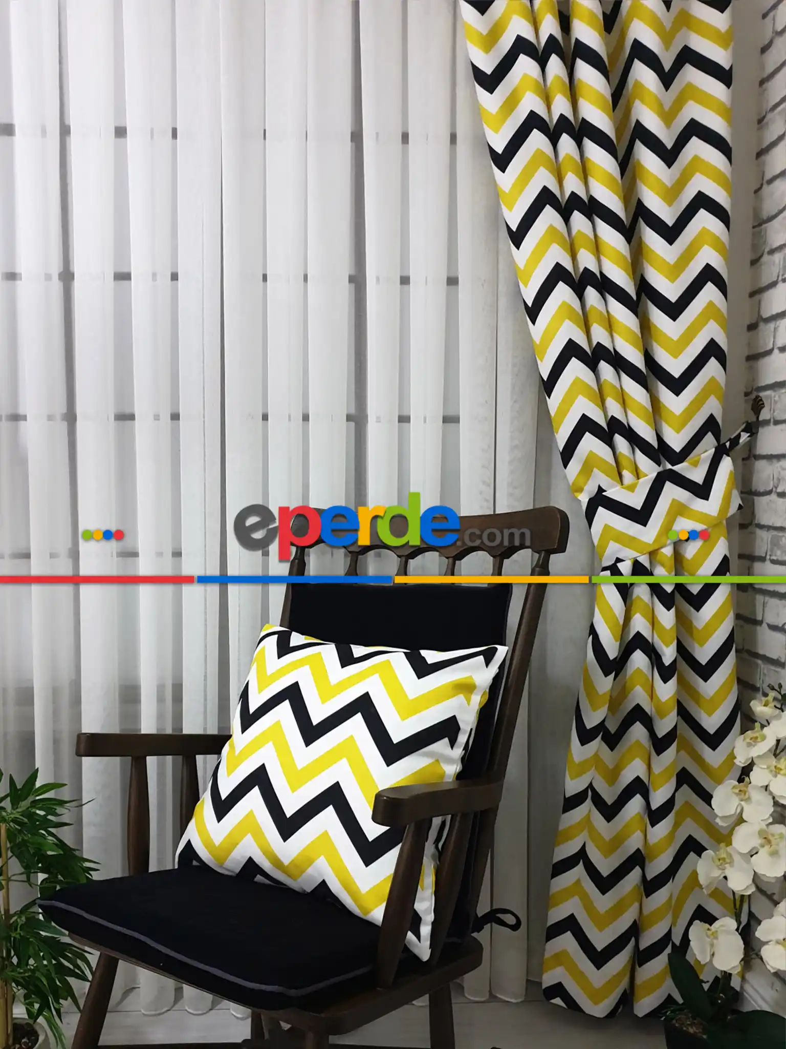 Renkli Zikzag Desenli Fon Perde Evm1074-1 Kumaşı Kalındır Duck Bezi Değildir- Siyah-sarı-beyaz