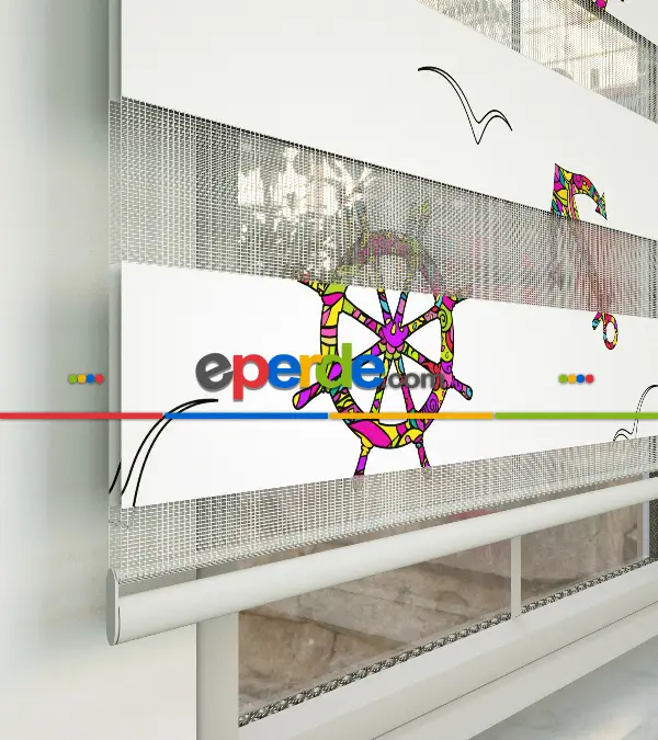 Bebek Odası Zebra Perde - Çapa Ve Dümen Desen Baskılı Zebra Perde- Çok Renkli