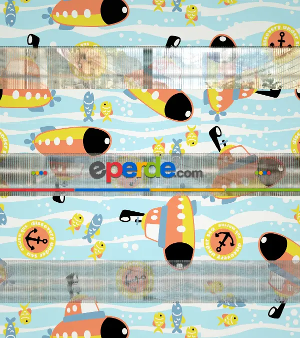 Bebek Odası Zebra Perde - Denizci Desen Baskılı Zebra Perde- Mavi-Sarı-Beyaz