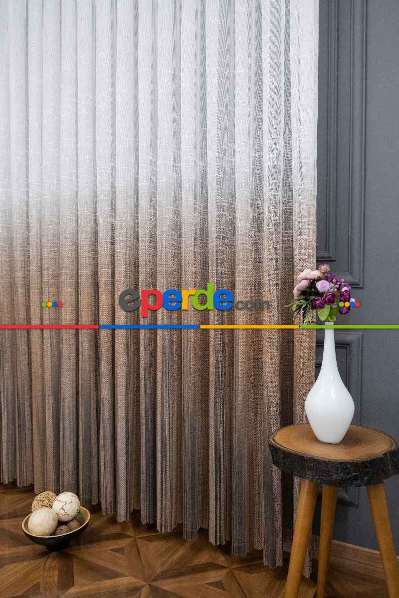 Yatak Odası - Modern Kahverengi Degrade Geçişli Tül - Örme Dantel Tül