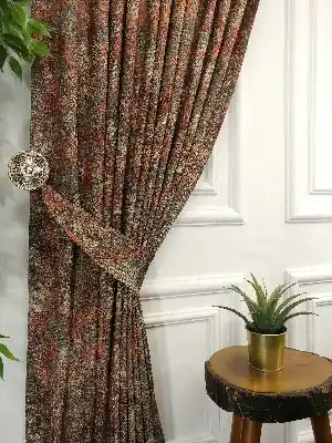 Salon - Kiremit Jakar Desenli Fon Perde- Kiremit Rengi