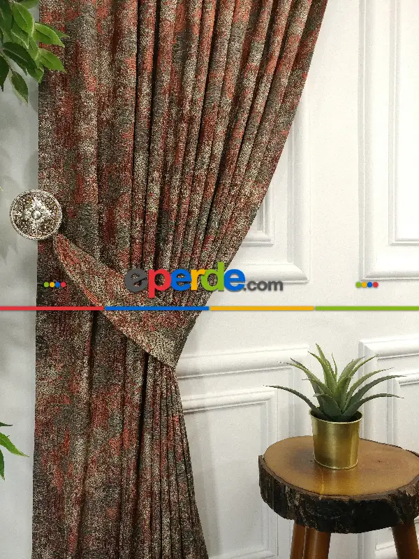 Patine Desenli Jakar Desenli Fon Perde- Kiremit Rengi