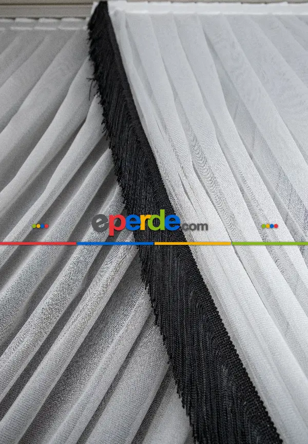 Salon - İki Renkli Yalancı Kruvaze - Tülden Fon - Halat İle Yana Toplamalı Tül - Kordon Toplama Tül - Çift Veya Tek Kanat - Püsküllü - Gri Ve Ekru Zemin, Siyah Ve Ekru Saçak Kombini