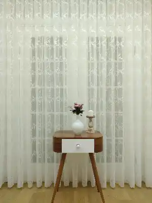 Ekru Örme Çiçek Desenli Tül Perde- Ekru