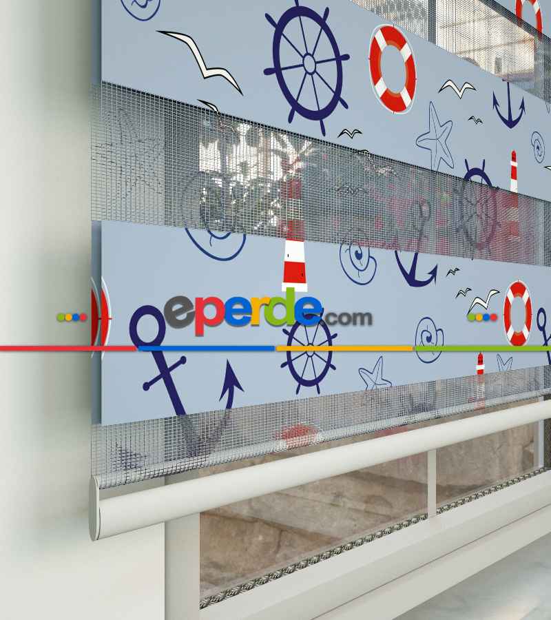 Çocuk Odası Zebra Perde - Denizci Desenli Baskılı Zebra Perde- Çok Renkli