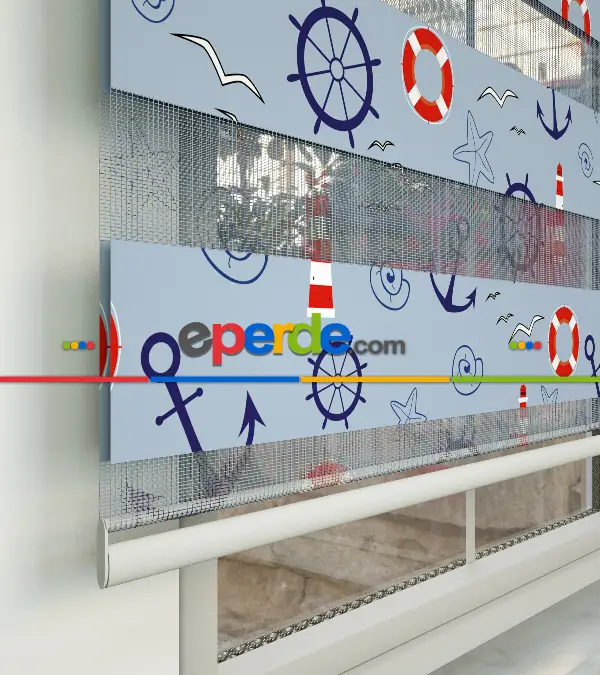 Bebek Odası Zebra Perde - Denizci Desenli Baskılı Zebra Perde- Çok Renkli