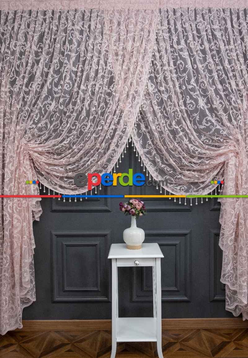 Pudra Pembe Sarmaşık Desen Şal Model Tül Kruvaze Yanki Tül