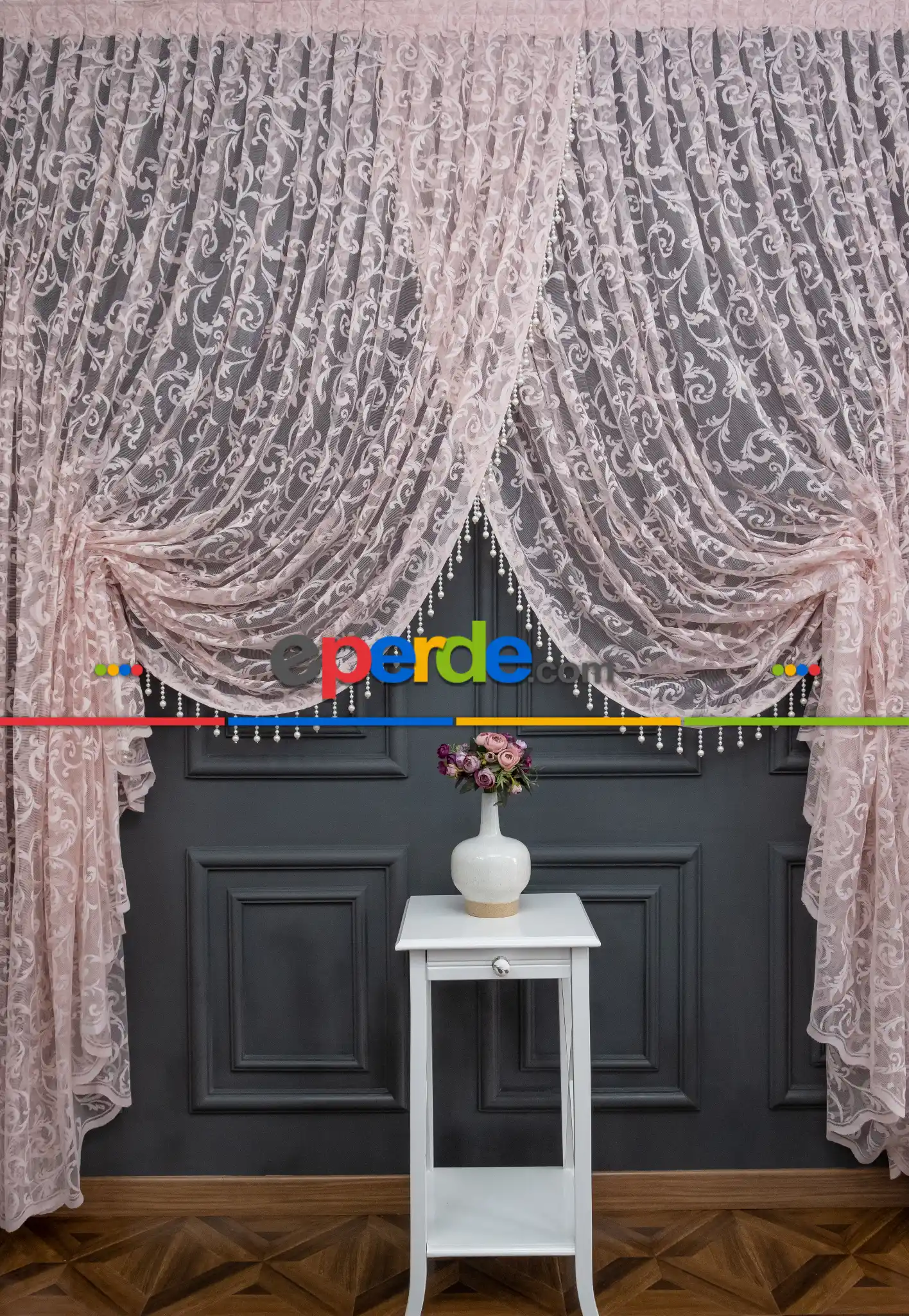 Pudra Pembe Sarmaşık Desen Şal Model Tül Kruvaze Yanki Tül