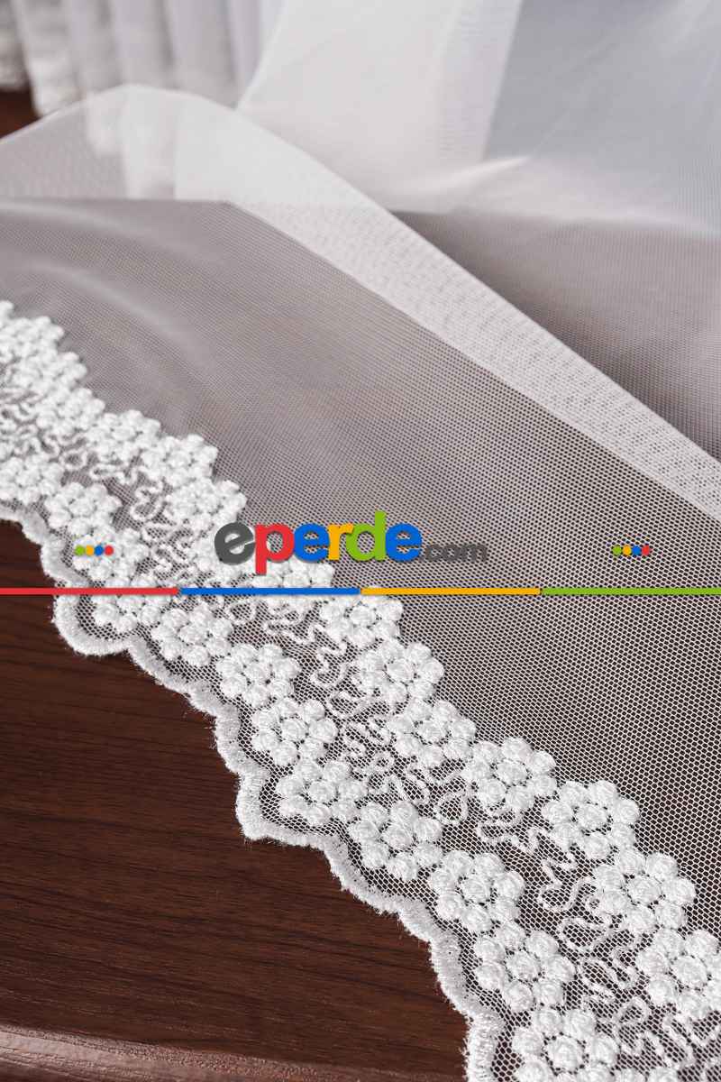 Grek Etek Ucu İşlemeli Nakış Tül Papatya Desen Ekru Renk Kırık Beyaz- Ekru - Kurşunlu Tül