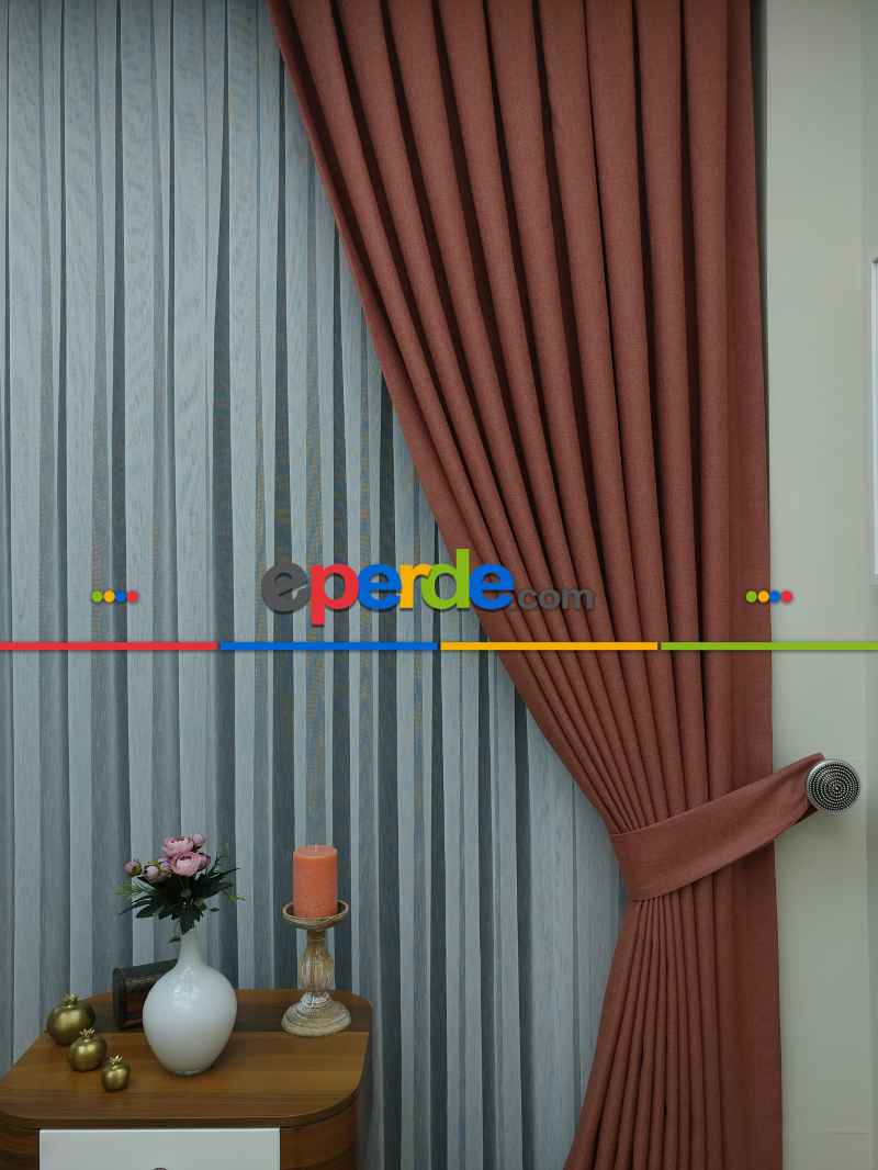 Keten Açık Kiremit Renk Düz Fon Perde- Kiremit Rengi