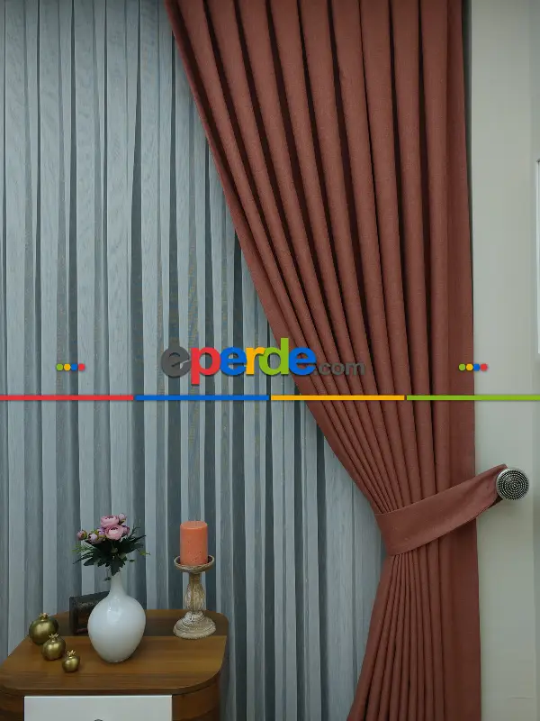 Yatak Odası - Keten Açık Kiremit Renk Düz Fon Perde- Kiremit Rengi