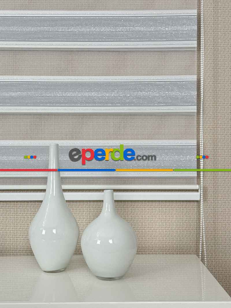 Mutfak Gri Gümüş Simli Çizgili Jakar Dokuma Zebra Perde, Standart Metal Kasalı Yüksek Kalite Kornişe Kolay Montaj Seçenekli