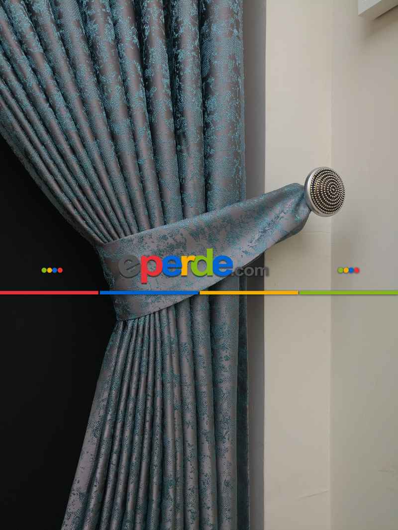 Gri Mint Desenli Jakar Fon Perde - Gri-füme-antrasit-mint