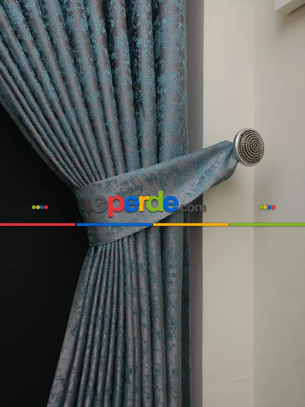 Gri Mint Desenli Jakar Fon Perde - Gri-füme-antrasit-mint