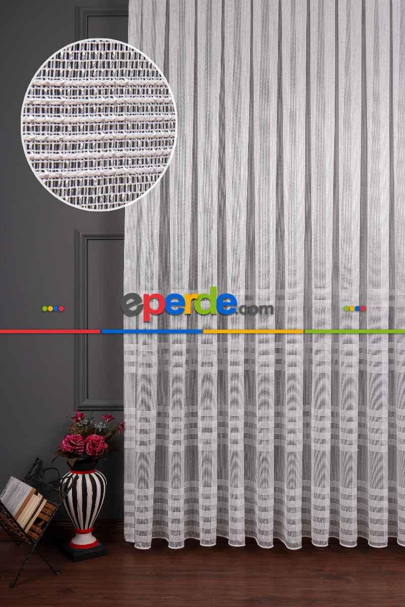 Bantlı 4 Sıra Keten Tül Perde Grz 2179 Ekru Renk