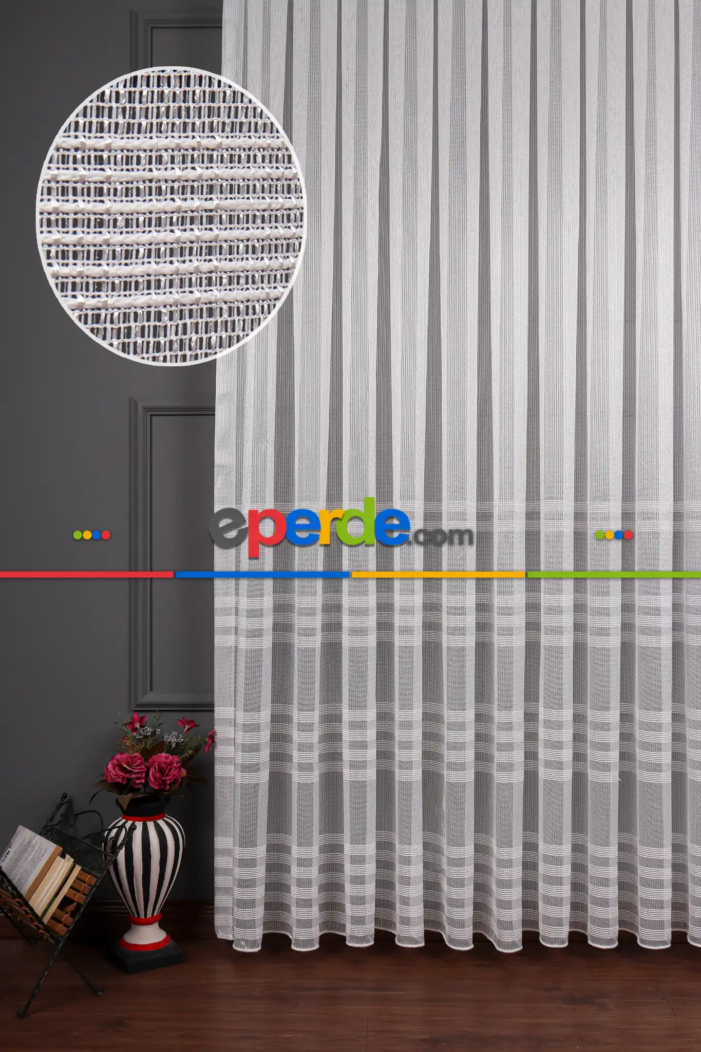 Mutfak Tül Bantlı 4 Sıra Keten Tül Perde Grz 2179 Ekru Renk