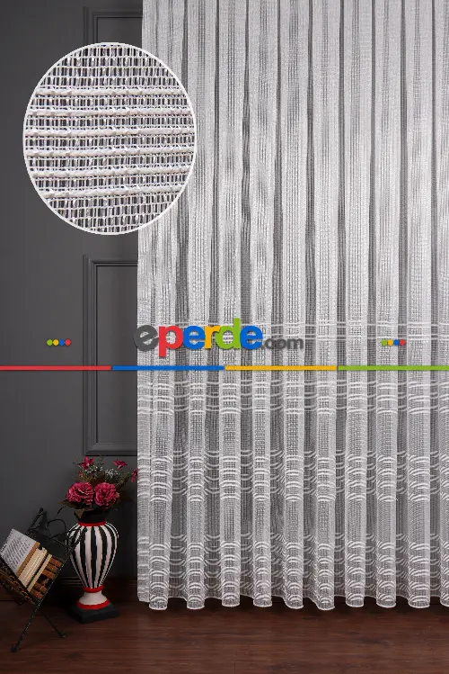 Bantlı 4 Sıra Keten Tül Perde Grz 2179 Ekru Renk