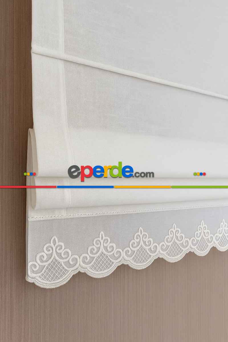 Oturma Odası - Katlamalı Tül Perde – Krem Keten Zemin Altı Dantelli Mekanizmalı Perde