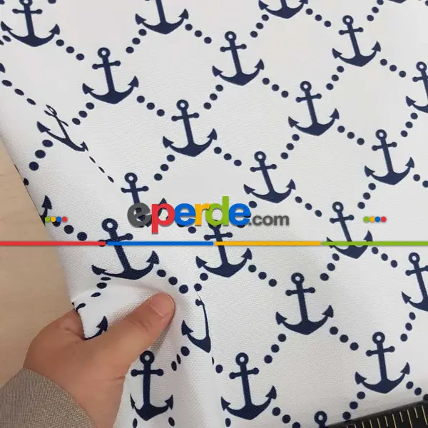 Bebek Odası - Marin Serisi Çapa Desenli Fon Perde Evm1512-4 Kumaşı Kalındır Duck Bezi Değildir- Mavi-Beyaz