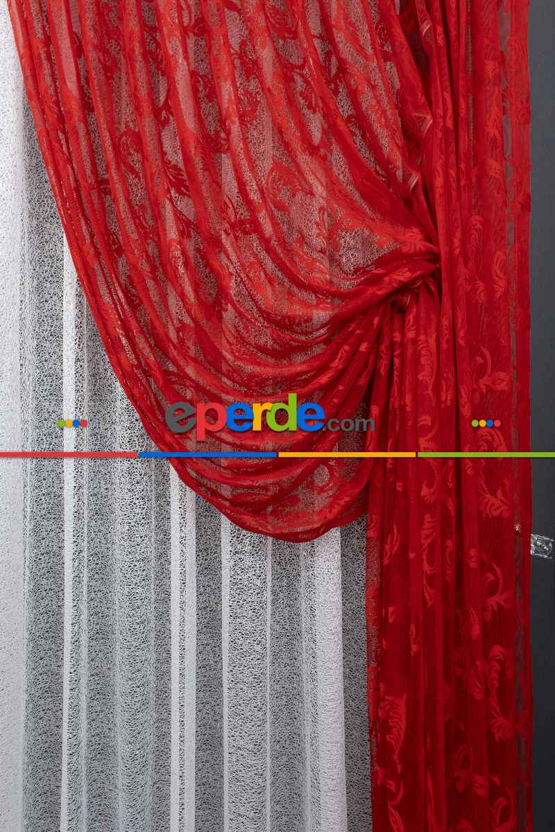 Tül Fon Kırmızı Renk Büzgülü Tasarım Moda Tasarım Fon Perde- Kırmızı 70cm X 1cm 