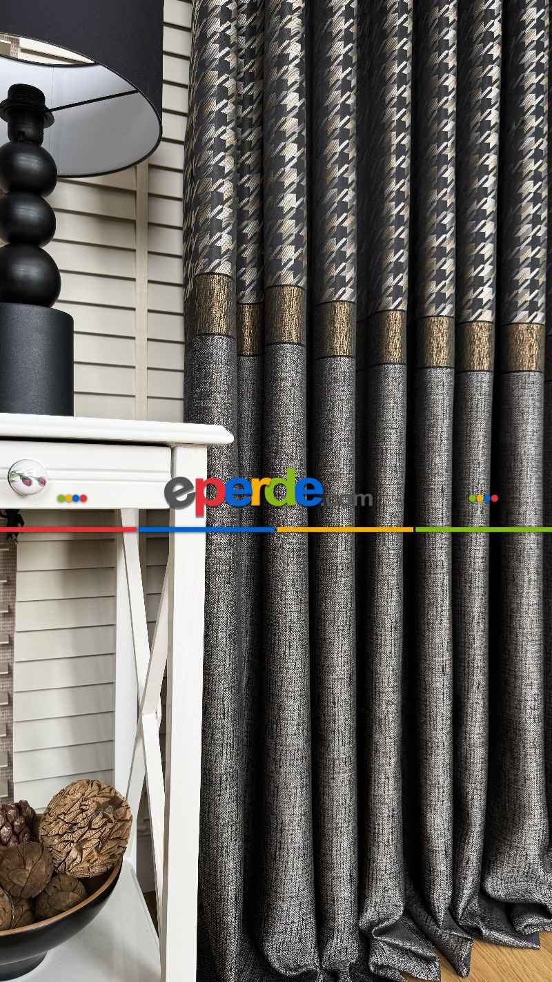Antrasit Gri Altın Fon Perde, Pano Kazayağı Desenli Jakar Dokuma Fon Perde