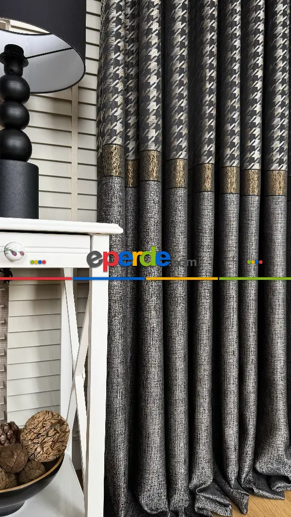 Antrasit Gri Altın Fon Perde, Pano Kazayağı Desenli Jakar Dokuma Fon Perde