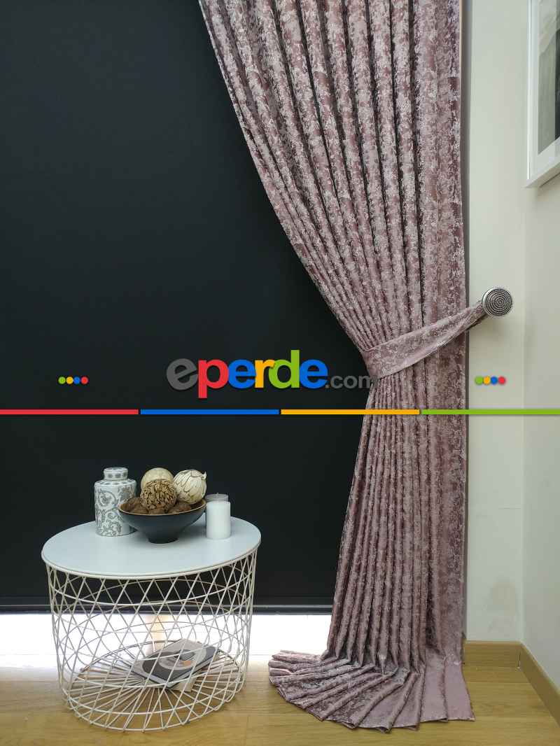 Pudra Krem Desenli Jakar Fon Perde (180cm En)- Pudra