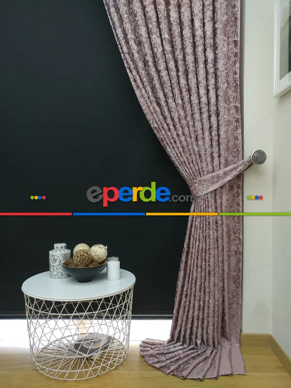 Pudra Krem Desenli Jakar Fon Perde (180cm En)- Pudra