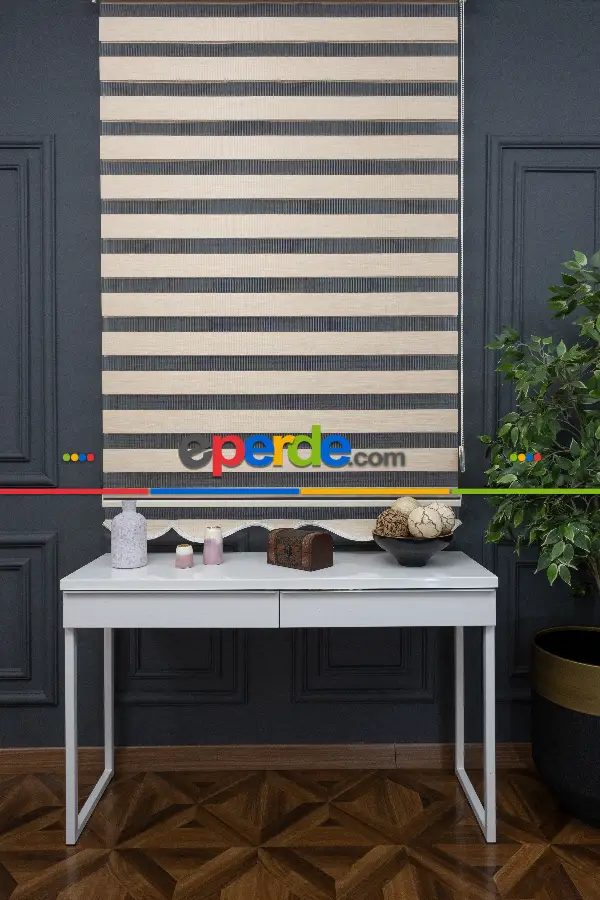 90x200 Hazır Koyu Krem Bambu Zebra Perde