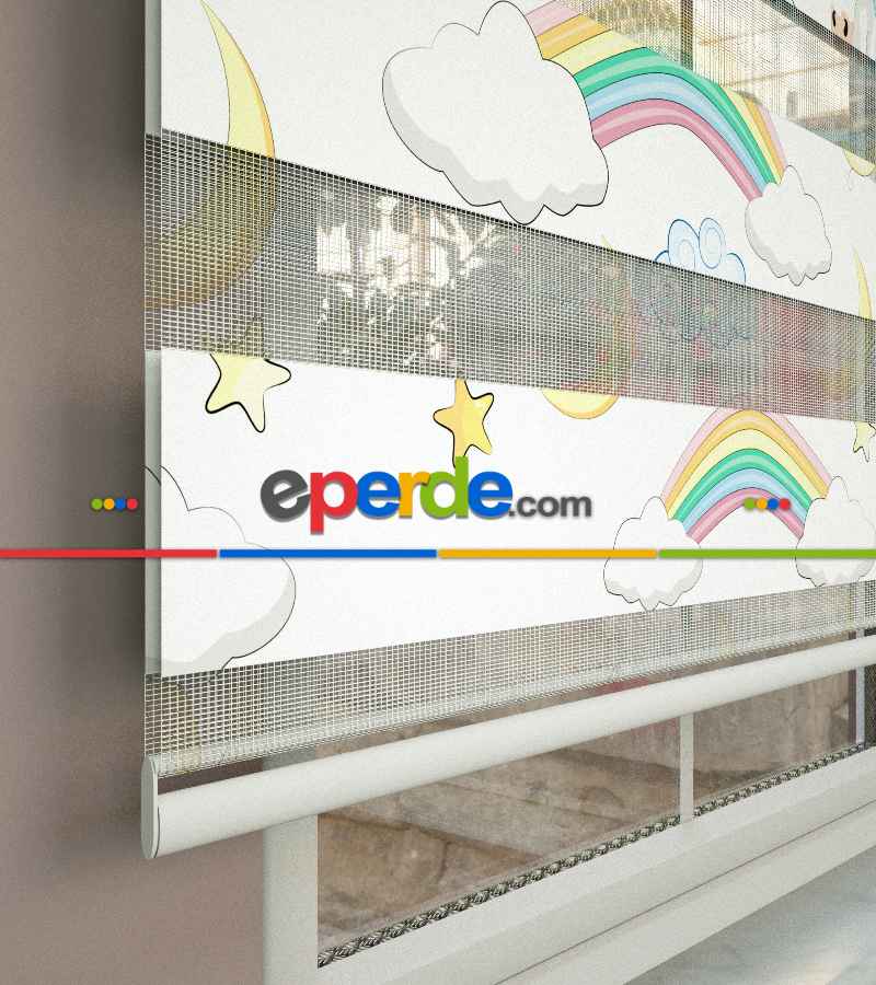 Unicorn Desenli Baskılı Zebra Perde- Çok Renkli