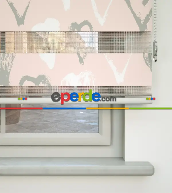 Çocuk Odası Zebra - Kalp Desenli Baskılı Zebra Perde- Çok Renkli