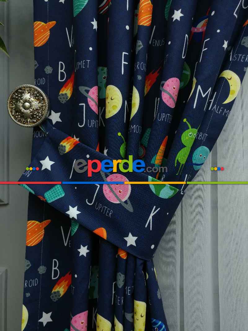 Uzay Desenli Fon Perde Evm833 Kumaşı Kalındır Duck Bezi Değildir- Mavi-Beyaz-Pembe Koyu