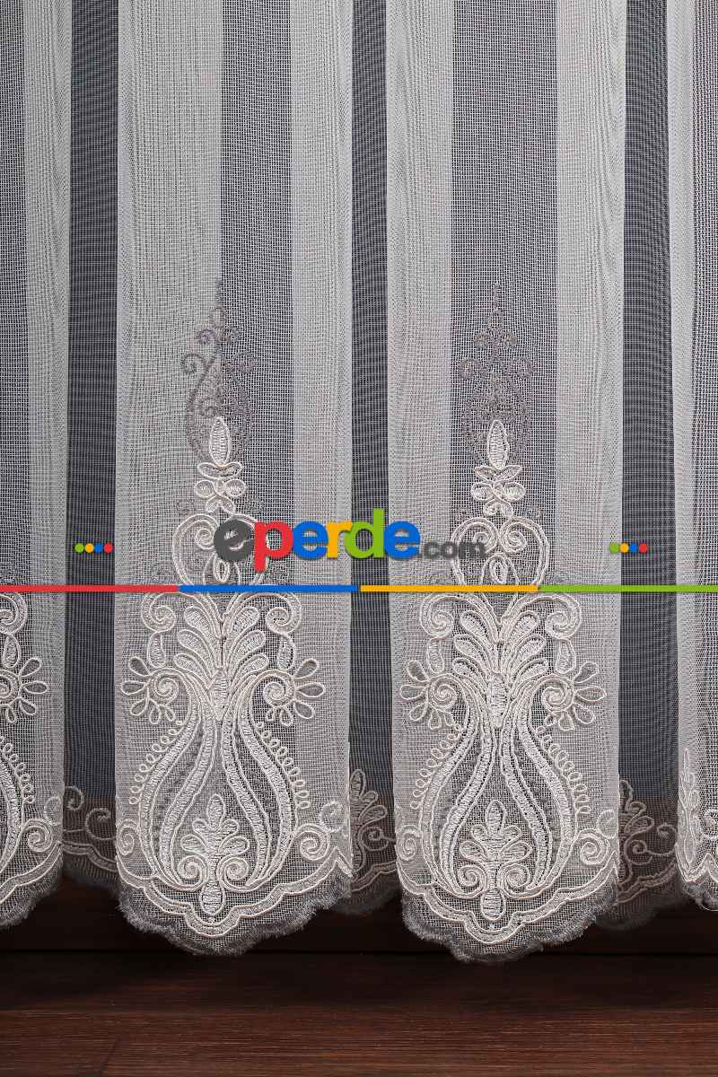 Salon Tül Modelleri - Avangart Ekru-gri Nakış İşlemeli Tül Perde