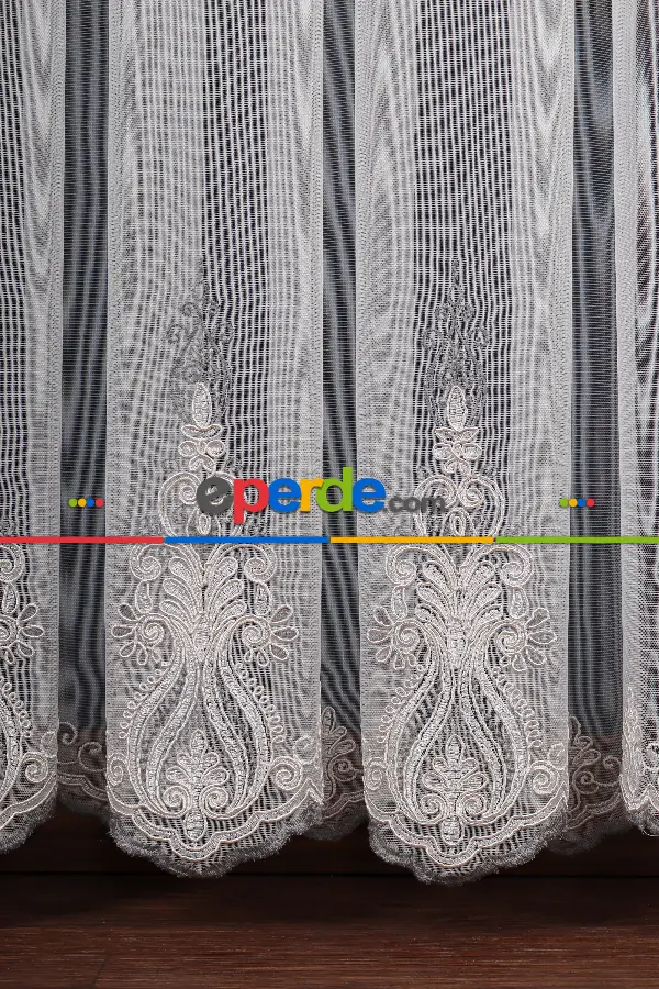 Salon Tül Modelleri - Avangart Ekru-gri Nakış İşlemeli Tül Perde