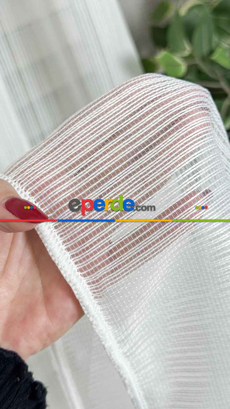 Ekru Çizgili Tül Perde, Ağır Gramajlı Premium Seri, Kurşunlu Etek