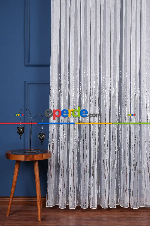 Salon Tül - Akarsu Dijital Baskı Tül Perde Ekru-gümüş