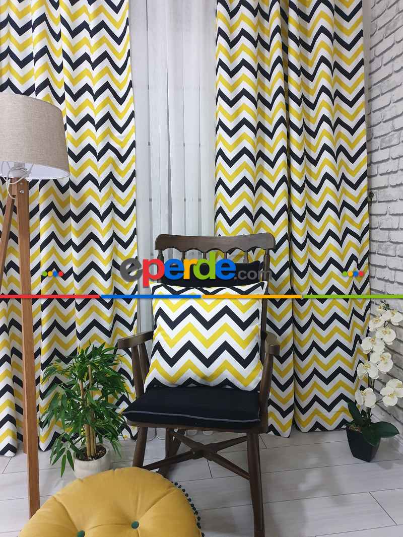Siyah-Sarı Modern Mutfak Perdesi Kanat Fon Perde Zikzak Desenli- Siyah