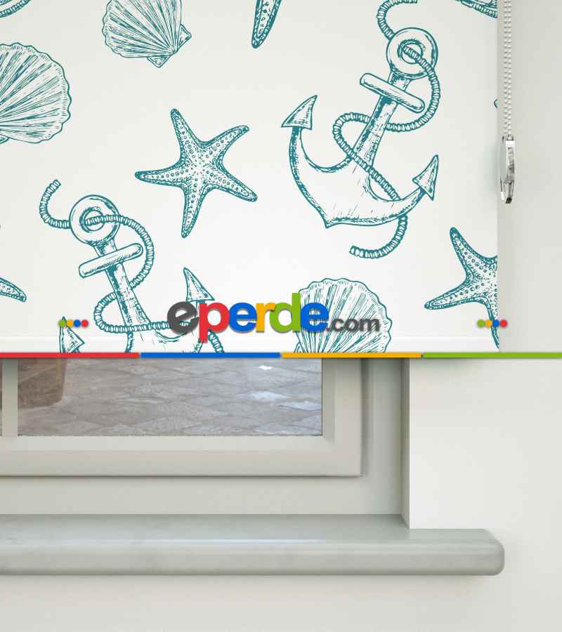 Bebek Odası Stor Perde - Denizci Desenli Baskılı Stor Perde- Yeşil-Ekru