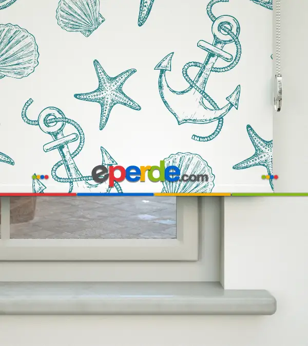 Denizci Desenli Baskılı Stor Perde- Yeşil-ekru